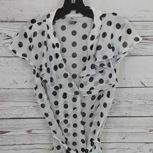 White w/Black Polka Dot Sheer Ruffled Top Blouse L
